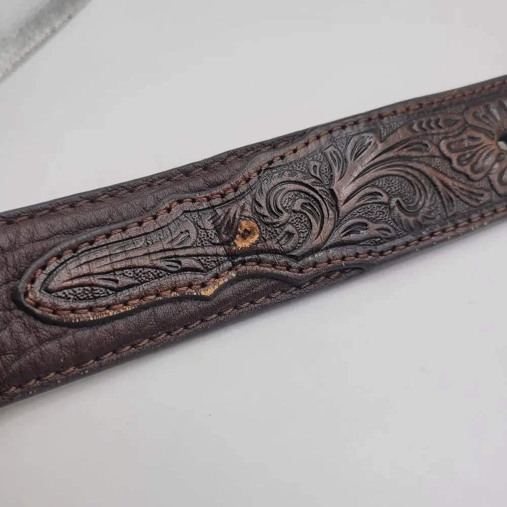 Nocona Belt Mens 42 Brown Leather Tooled Floral Western Cowboy Silver Buckle